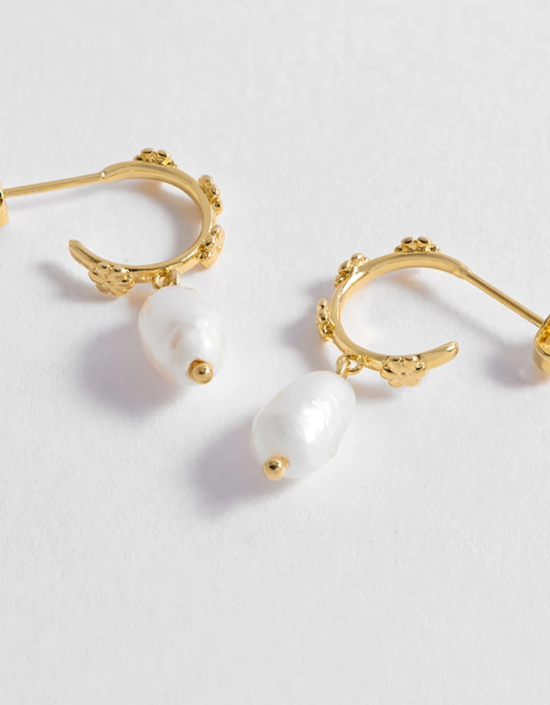 Flower Pearl Drop Hoops Gold Plated with Pearl