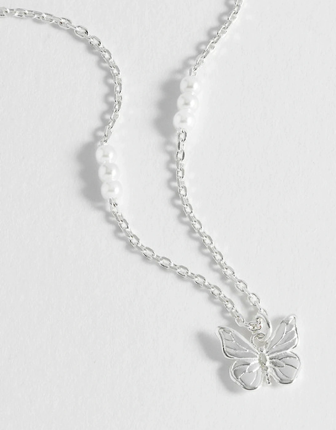 Pearl Butterfly Pendant Necklace Silver Plated with Pearl