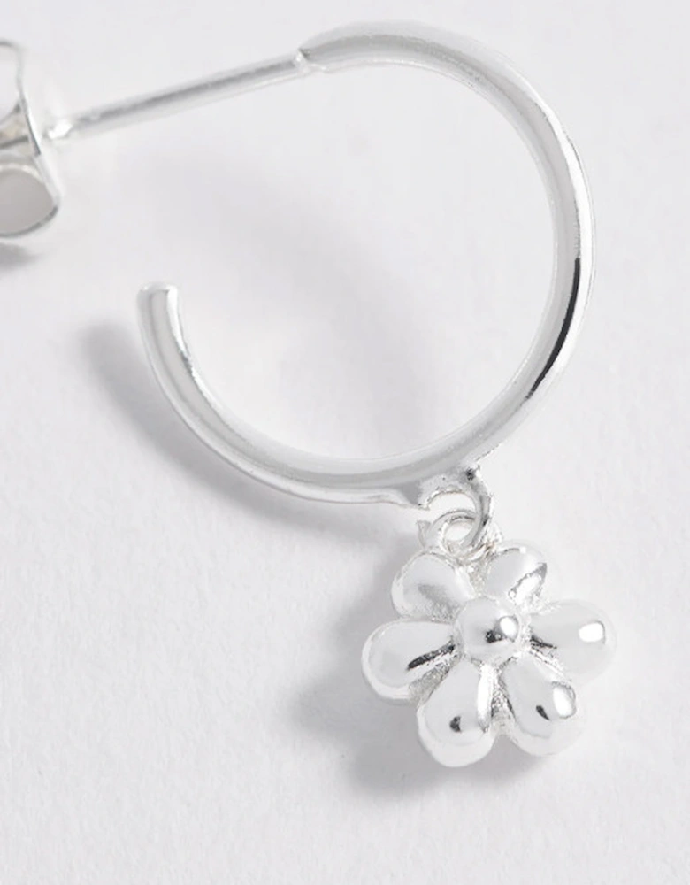 Flower Charm Drop Hoops Silver Plated