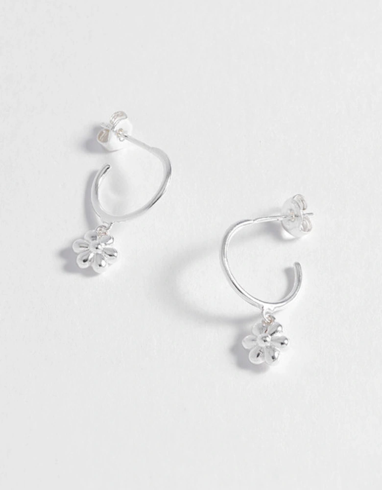 Flower Charm Drop Hoops Silver Plated