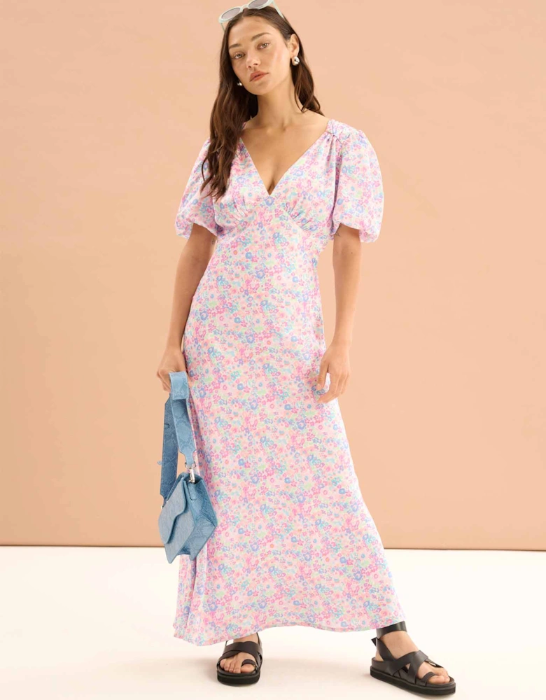 Rosie Ruched Puff Sleeve Dress in Sketched Floral Print