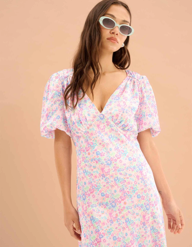 Rosie Ruched Puff Sleeve Dress in Sketched Floral Print