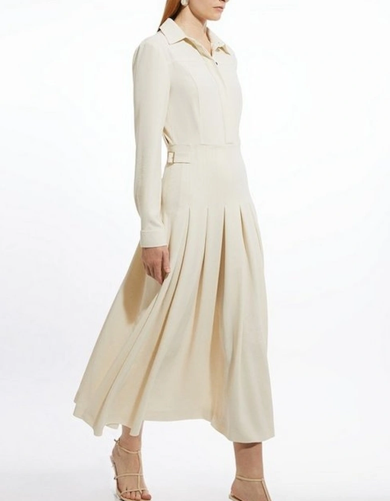 Tailored Crepe Pleated Midi Shirt Dress