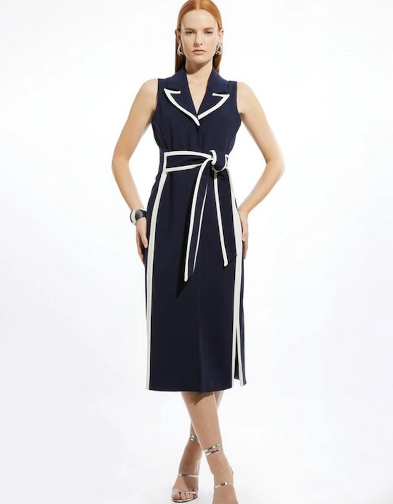 Petite Compact Stretch Contrast Tipped Belted Pencil Maxi Dress