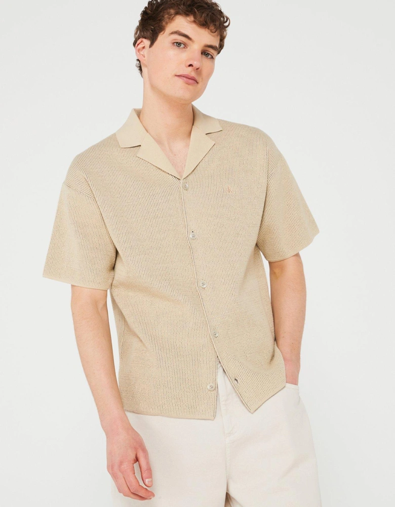 Cuban Knitted Short Sleeve Shirt - Beige