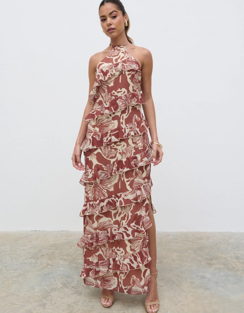 Katy Ruffle Maxi Dress - Brown