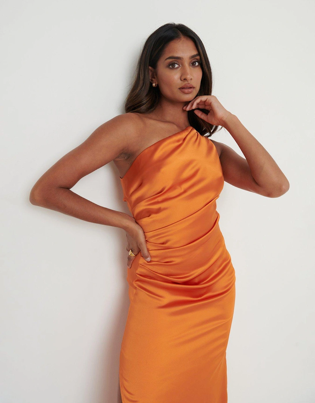 Amelia One Shoulder Ruched Satin Dress - Orange