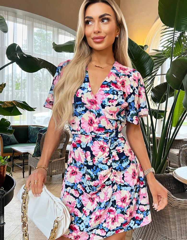 Printed Flutter Sleeve Mini Dress - Pink