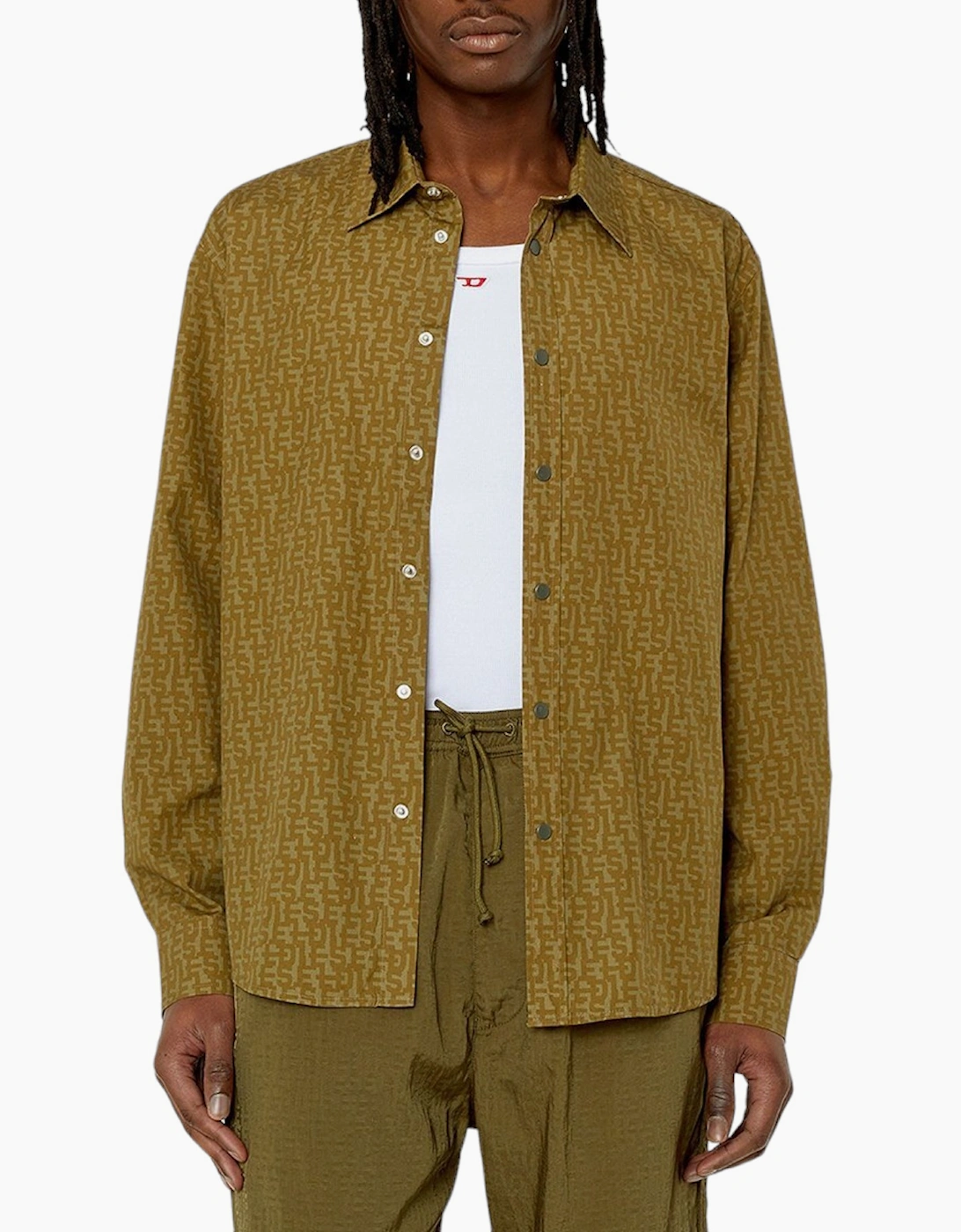 Diesel Men's DIESEL S-UMBE-MON Mens Shirts Long Sleeve Logo Print Regular Summer Casual Shirt - Green