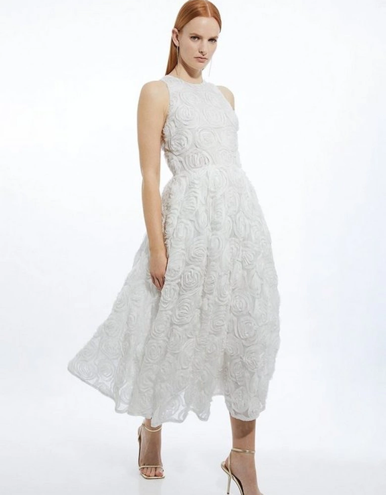 Romantic Rosette Texture Woven Prom Midi Dress