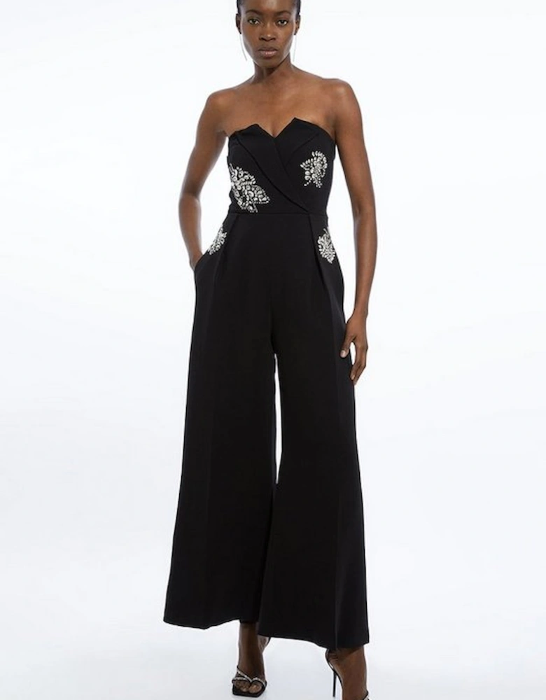 Crystal Embellished Bandeau Wrap Tailored Wide Leg Contrast Jumpsuit