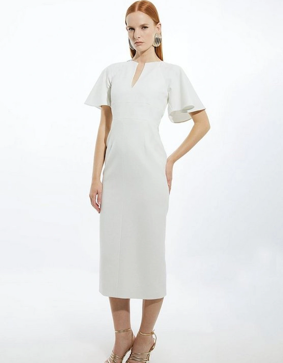 Petite Structured Crepe Ruffle Sleeve Tailored Midi Pencil Dress, 5 of 4