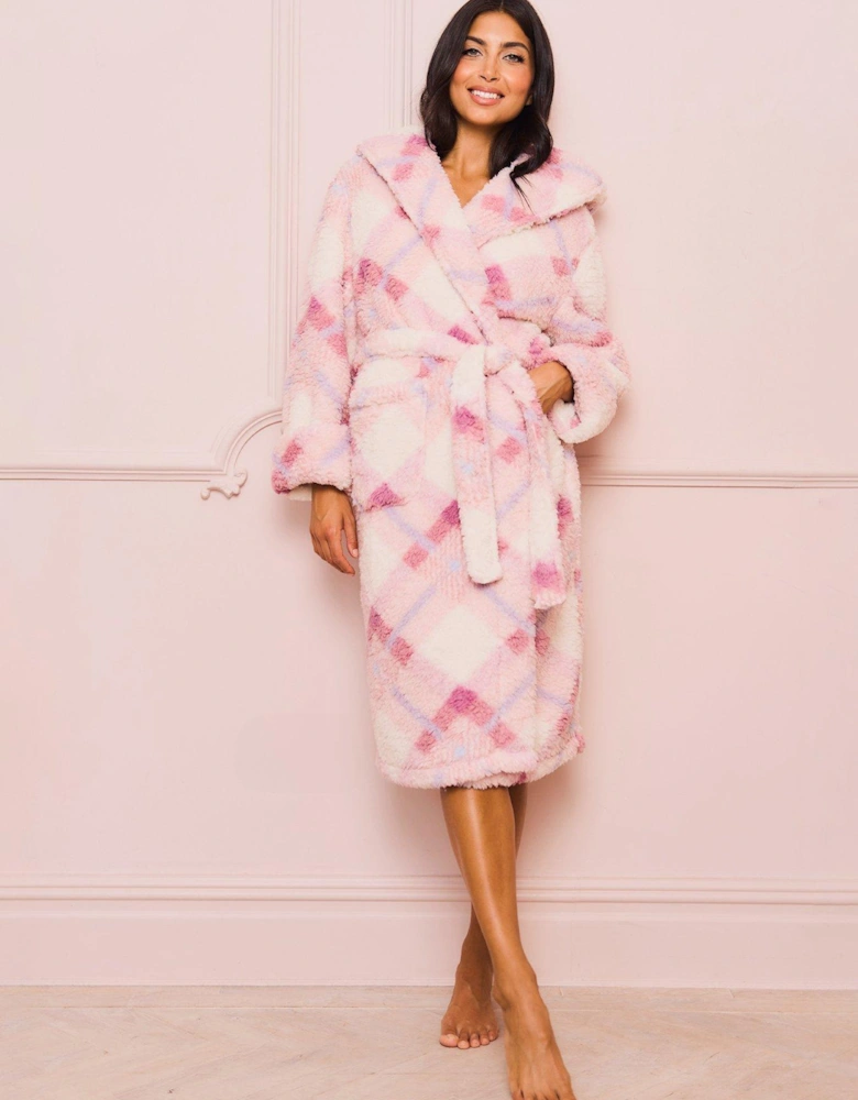 Check Hooded Lamb Fleece Robe - Pink