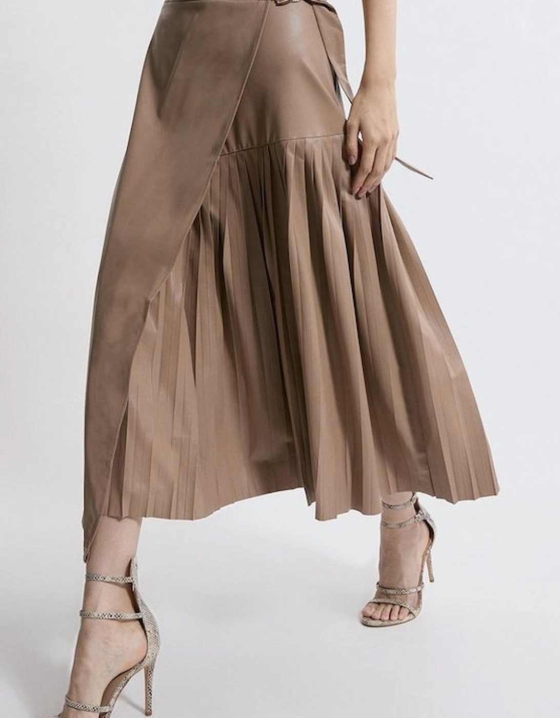 Faux Leather Pleated Panel Midi Skirt