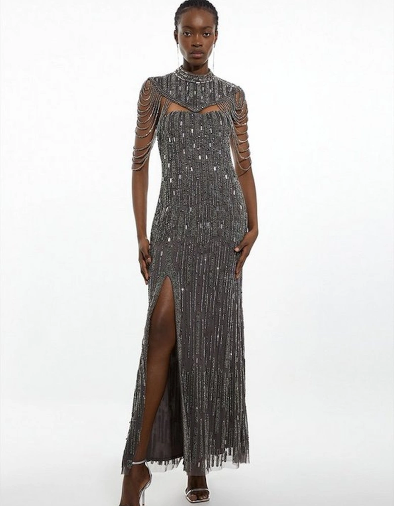 Petite Crystal Embellished Detachable Cape Maxi Dress