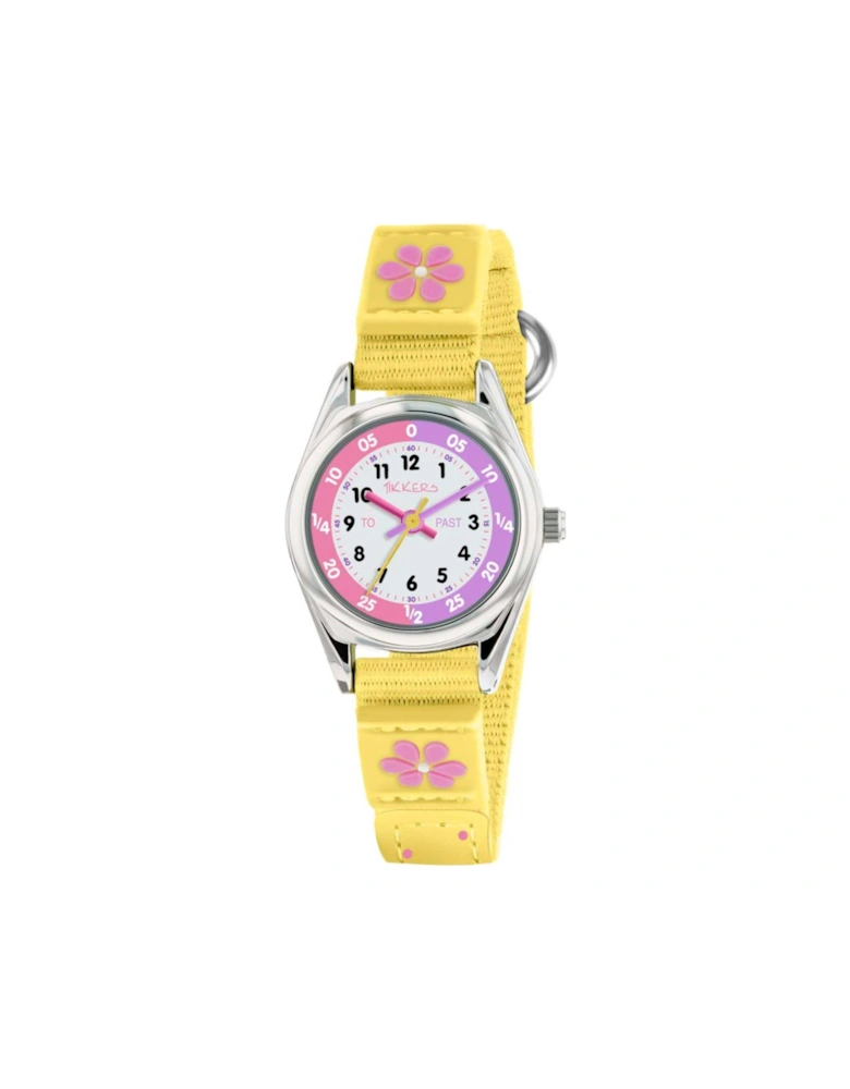 White and Pink Time Teller Dial Yellow Velcro Kids Watch