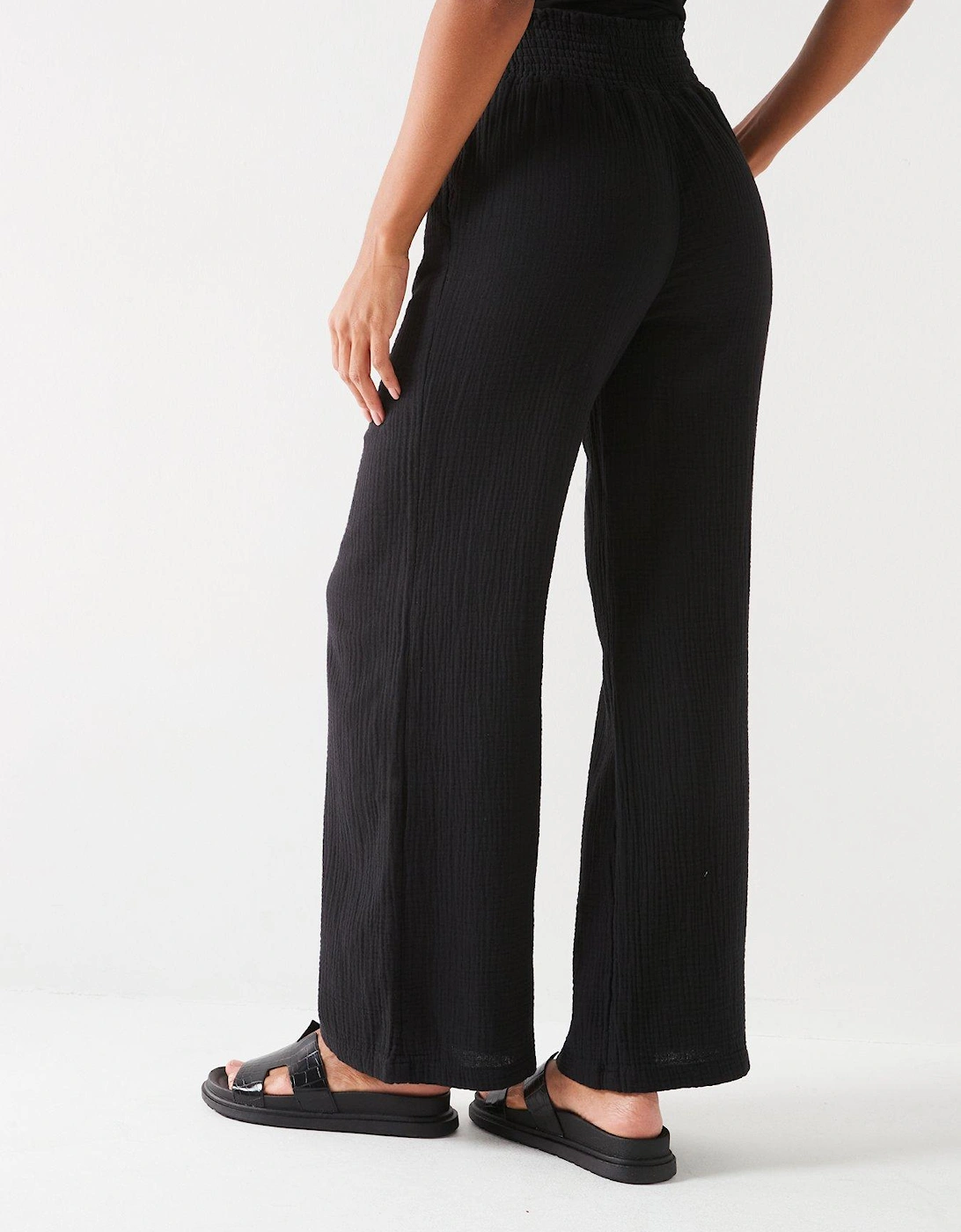 Crinkle Cotton Wide Leg Trousers - Black