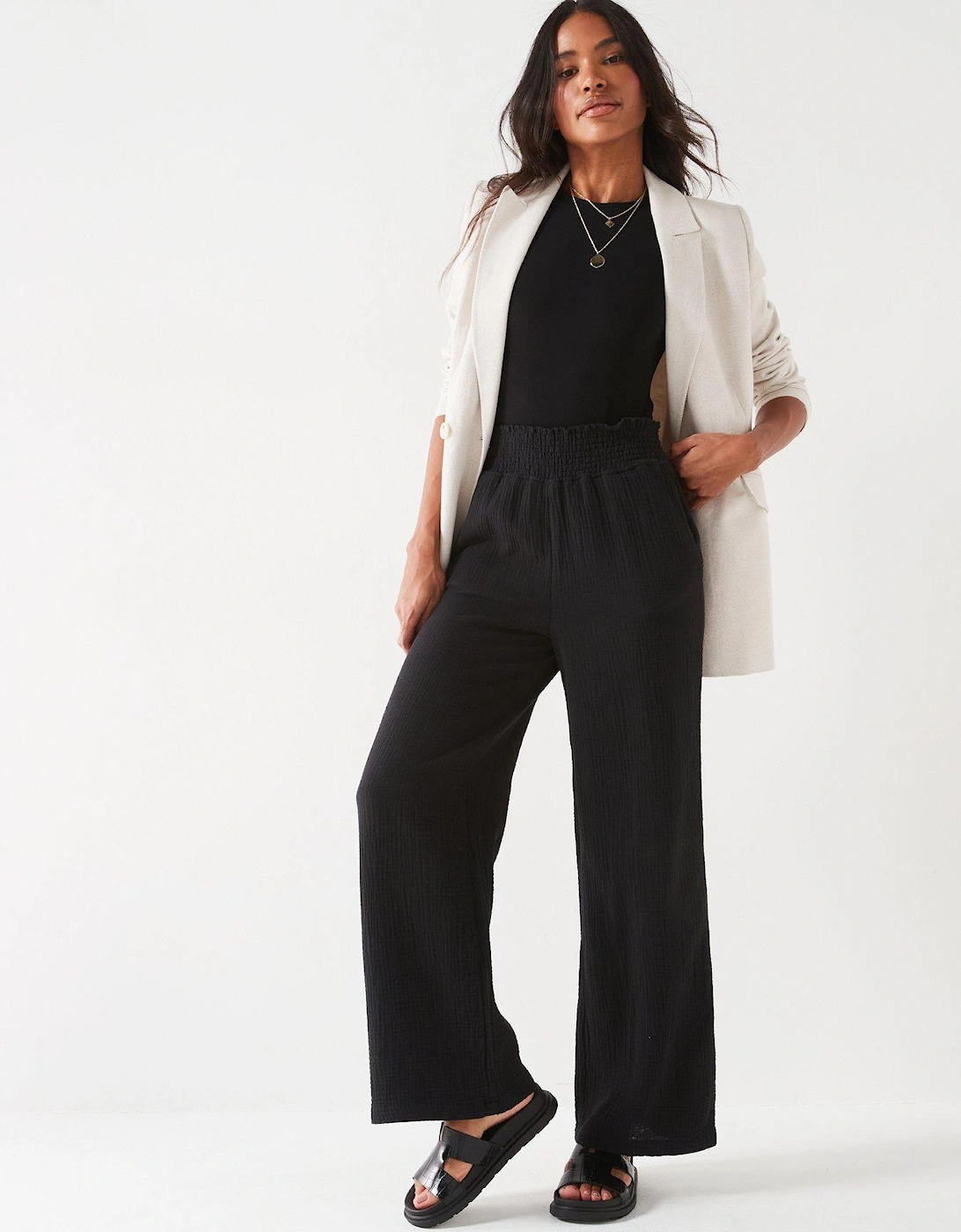 Crinkle Cotton Wide Leg Trousers - Black