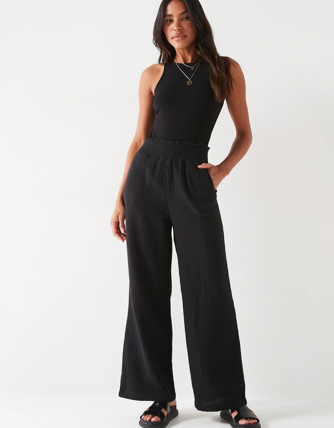 Crinkle Cotton Wide Leg Trousers - Black