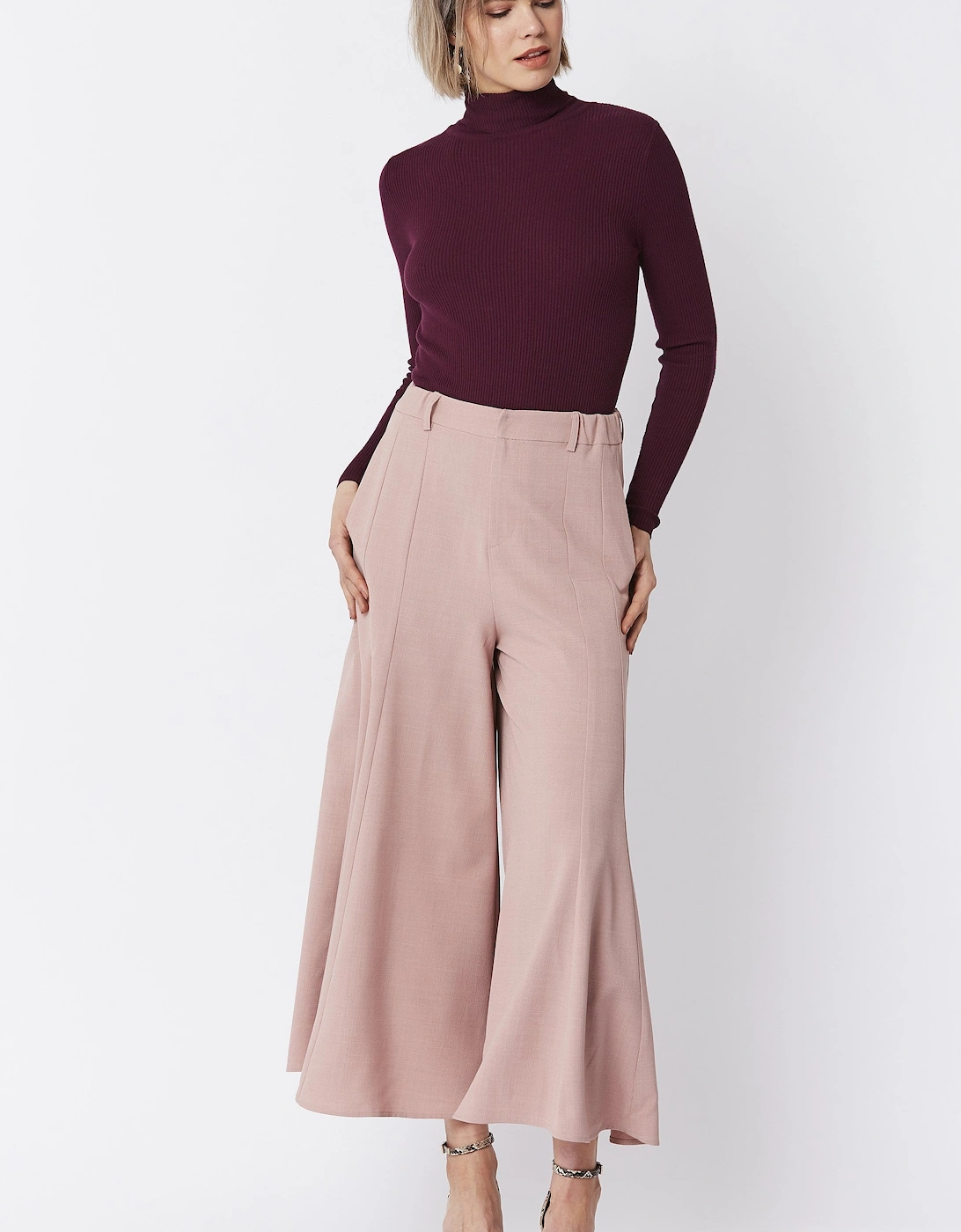 Pink Wide Leg Crepe Cropped Trouser