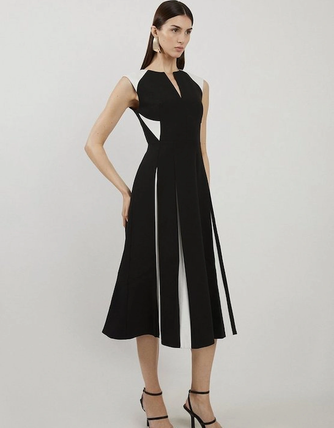 Petite Clean Tailored Colour Block Full Skirted Midi Dress, 4 of 3