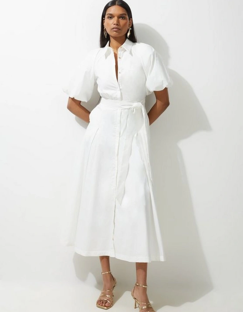 Cotton Poplin Puff Sleeve Woven Shirt Dress With Dropped Waist Detail