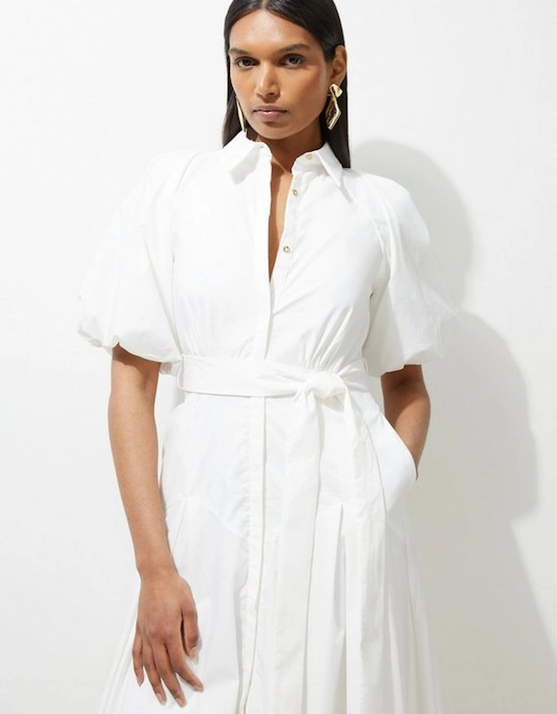 Cotton Poplin Puff Sleeve Woven Shirt Dress With Dropped Waist Detail