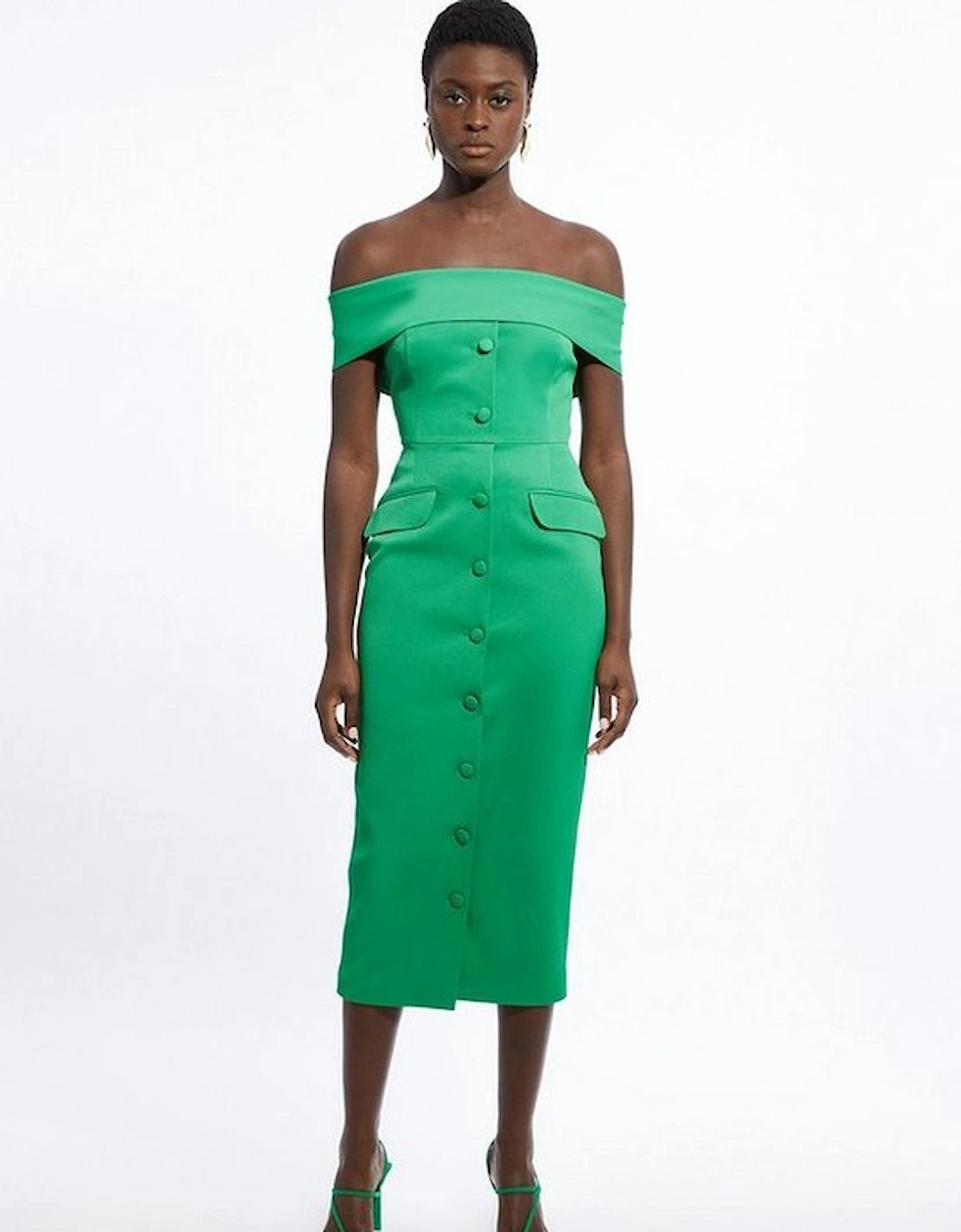 Italian Structured Rib Bardot Button Through Tailored Midi Dress, 5 of 4