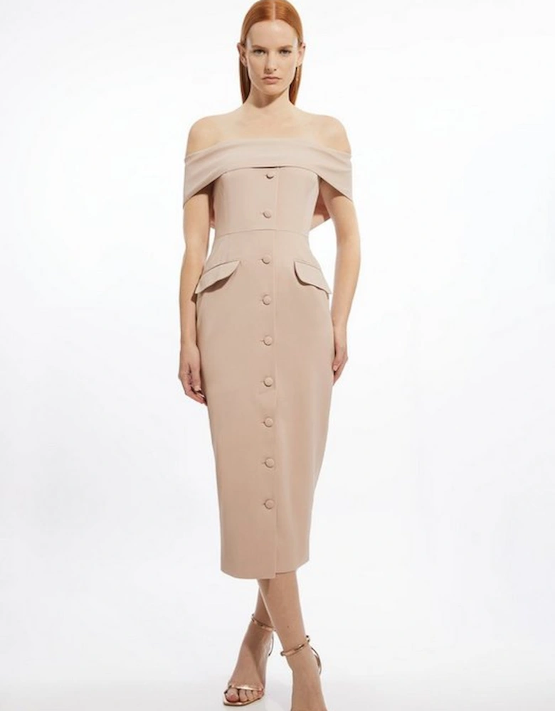 Italian Structured Rib Bardot Button Through Tailored Midi Dress