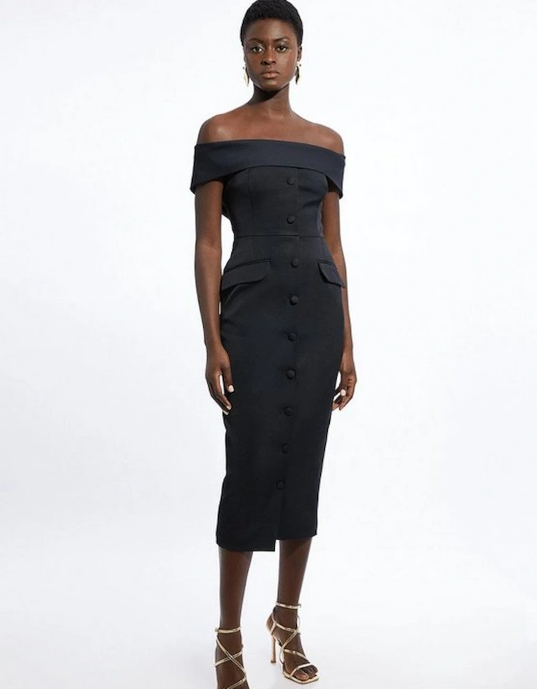 Italian Structured Rib Bardot Button Through Tailored Midi Dress