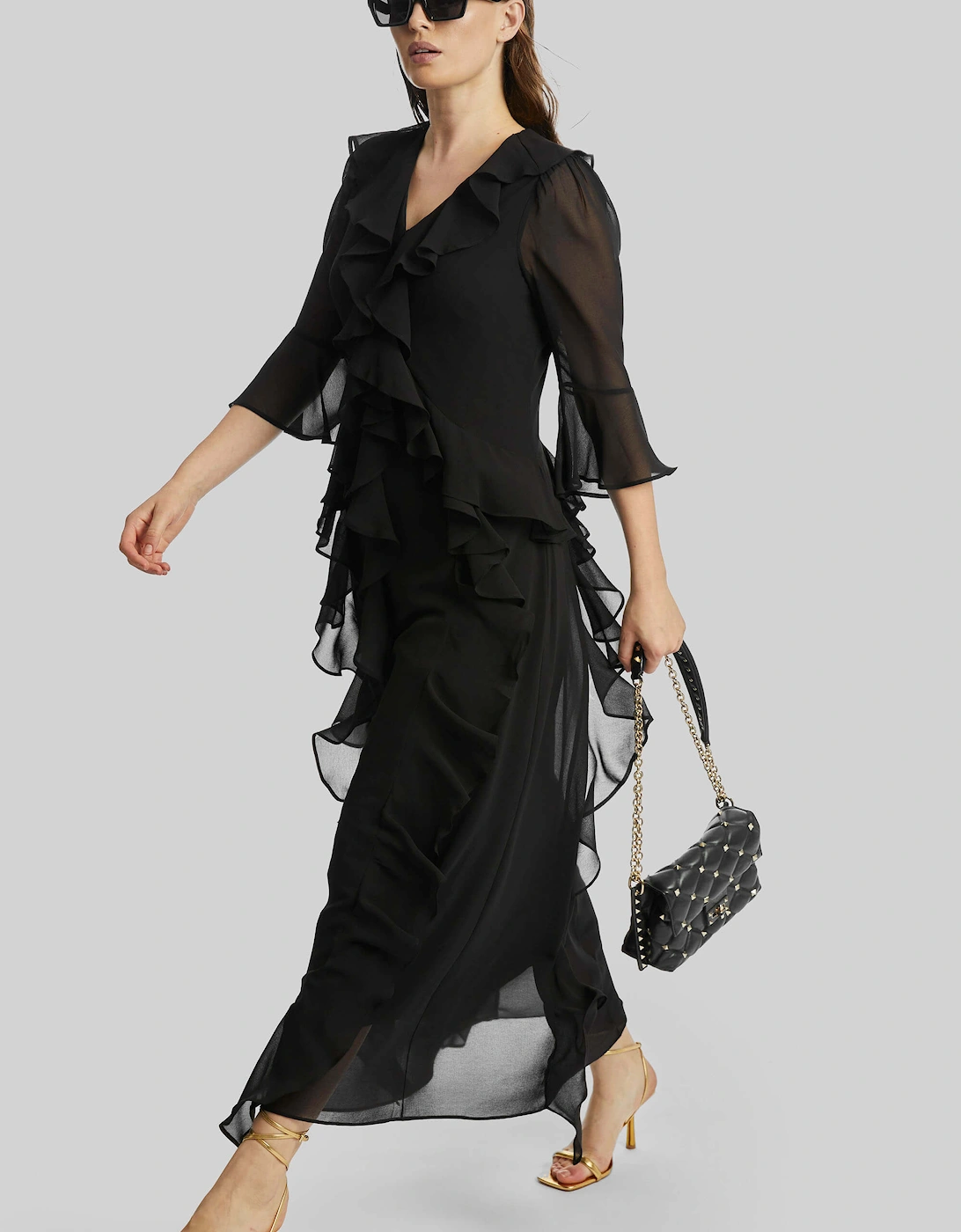 V-neck Chiffon Ruffle Dress In Black