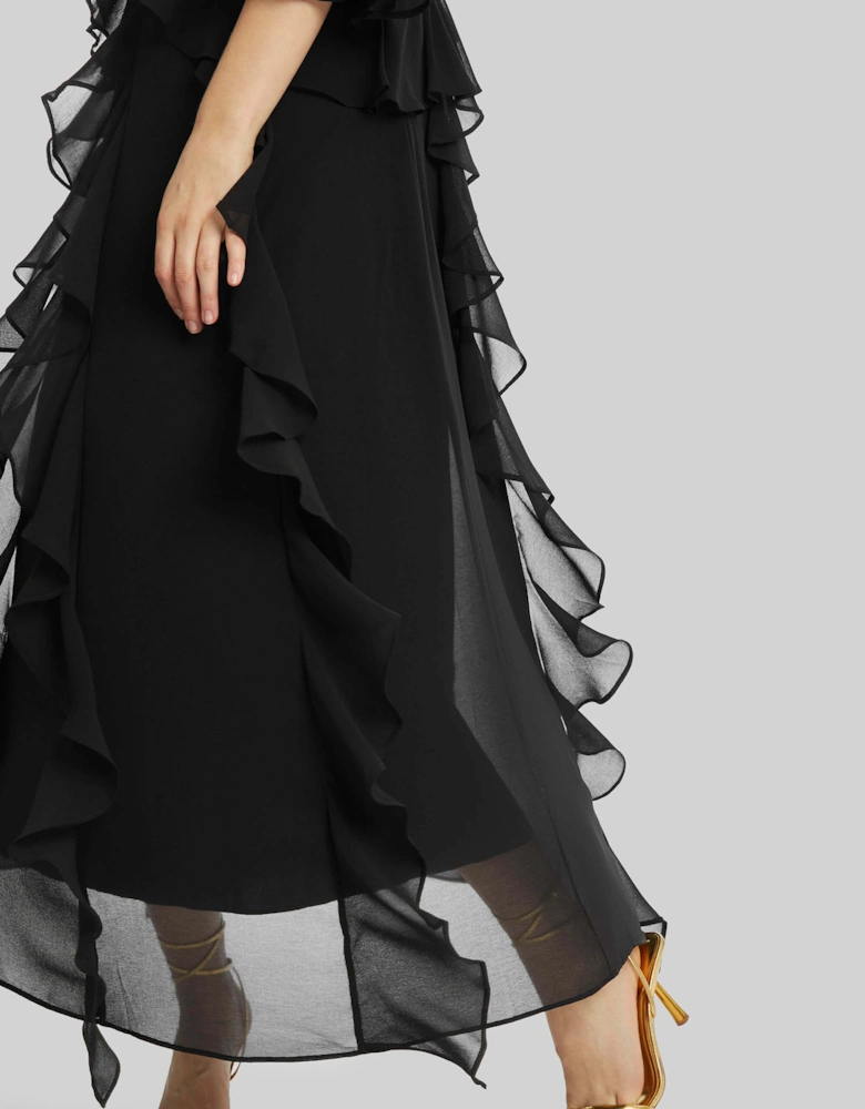 V-neck Chiffon Ruffle Dress In Black