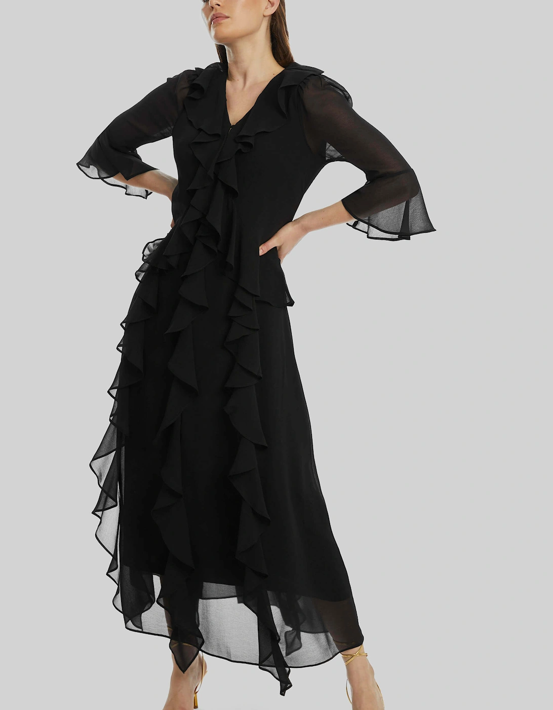 V-neck Chiffon Ruffle Dress In Black, 6 of 5