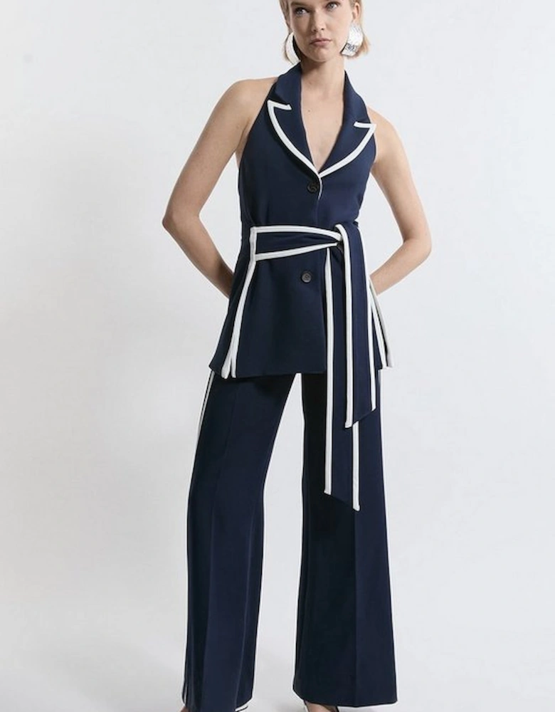 Compact Stretch Contrast Tipped Belted Wide Leg Tailored Jumpsuit