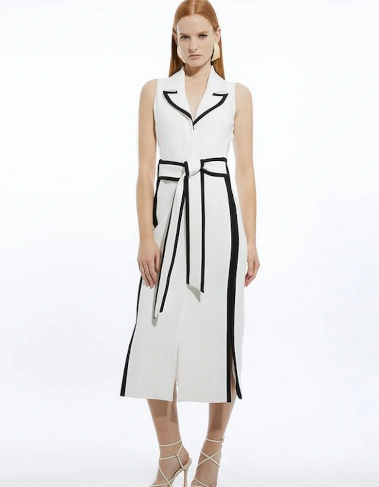 Compact Stretch Contrast Tipped Belted Pencil Maxi Dress