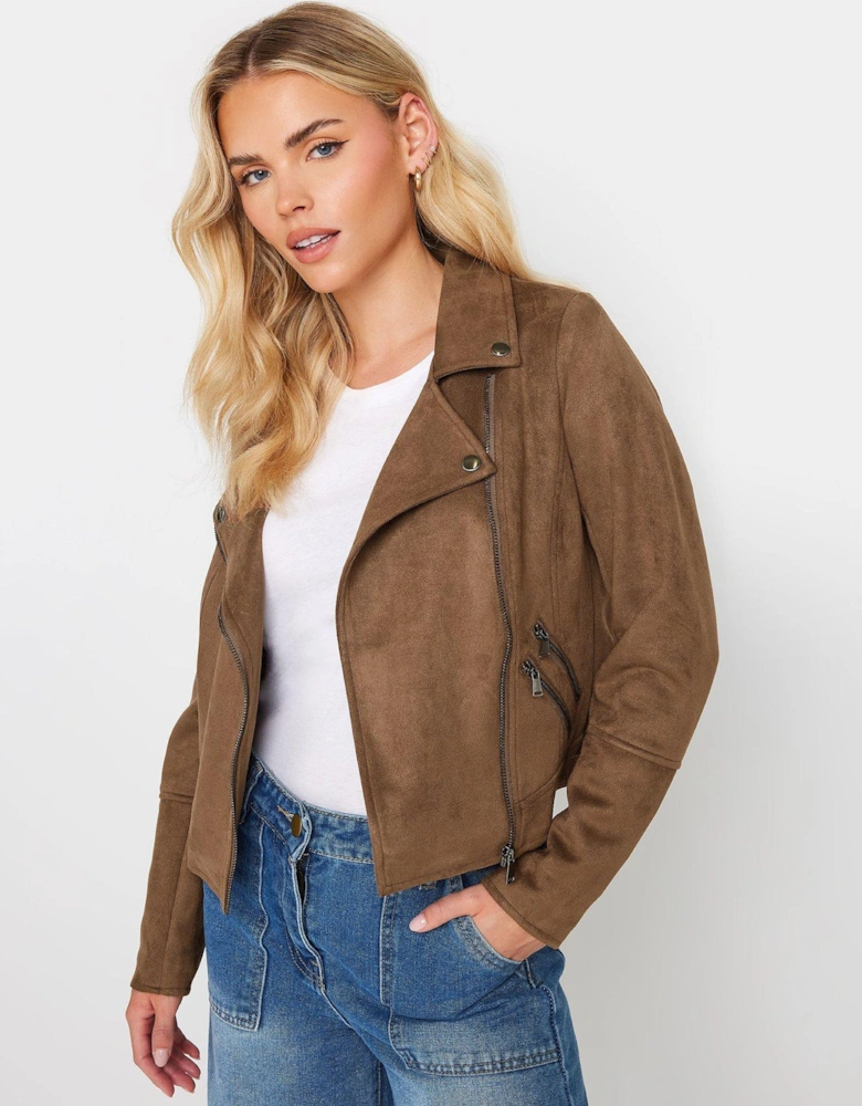 Petite Suedette Biker Jacket - Brown