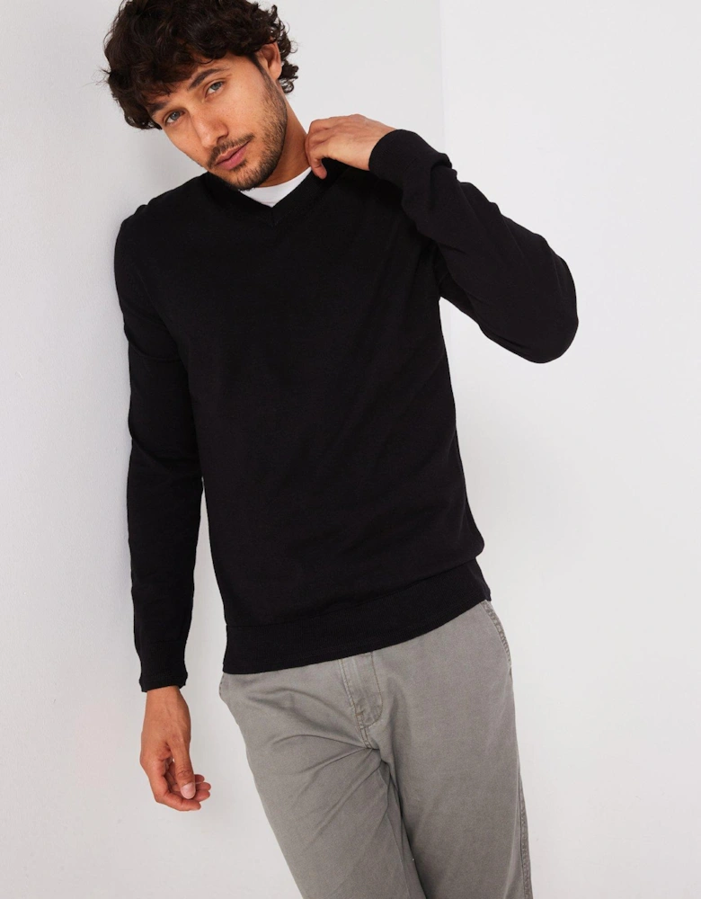 Cotton Rich V-Neck Knitted Jumper - Black
