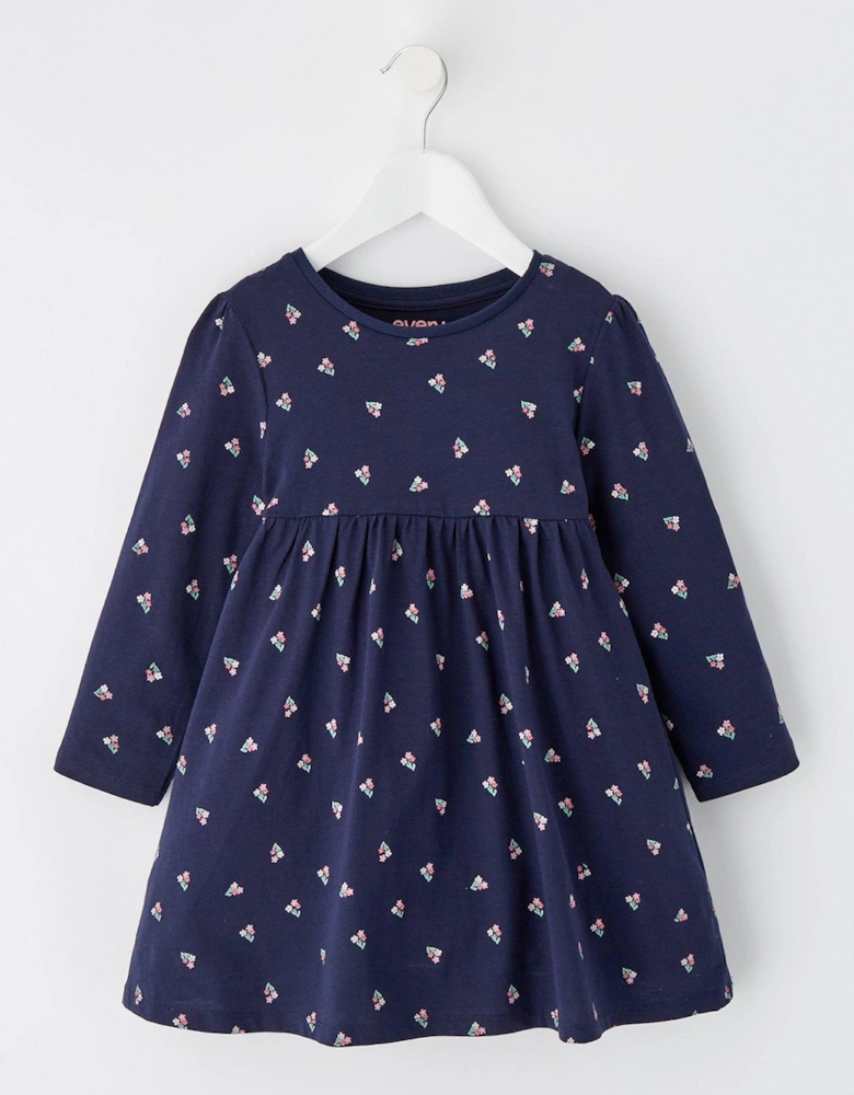 Girls Long Sleeve Ditsy Single Jersey Dress - Blue/Multi 