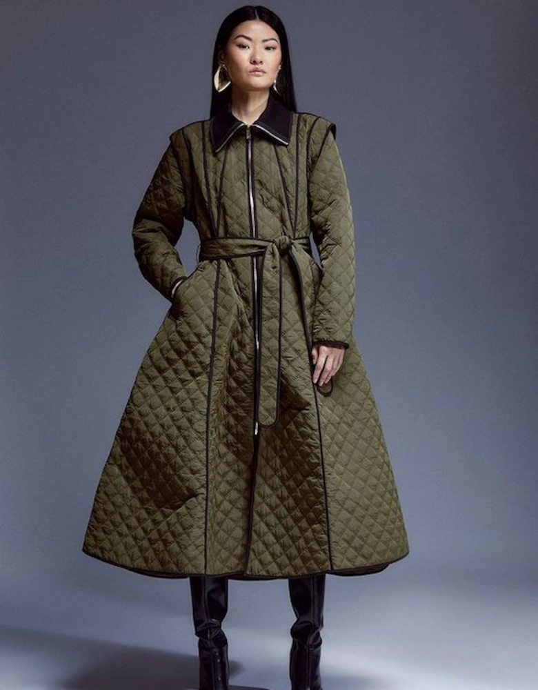 Tall Quilted Full Skirted Belted Midi Coat