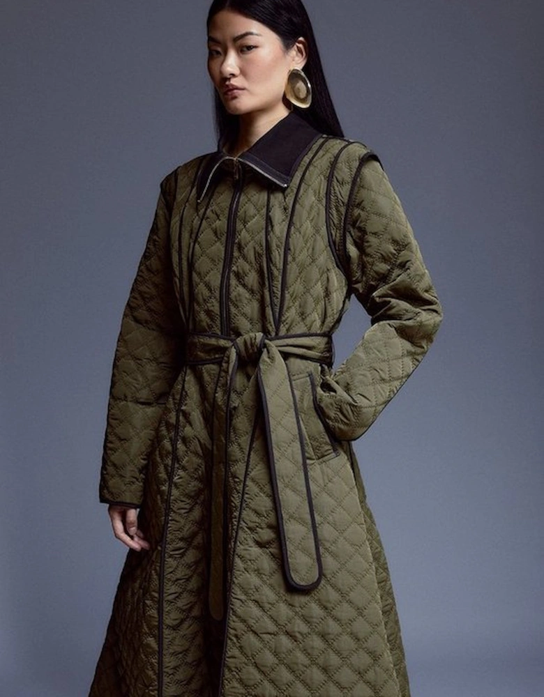 Tall Quilted Full Skirted Belted Midi Coat