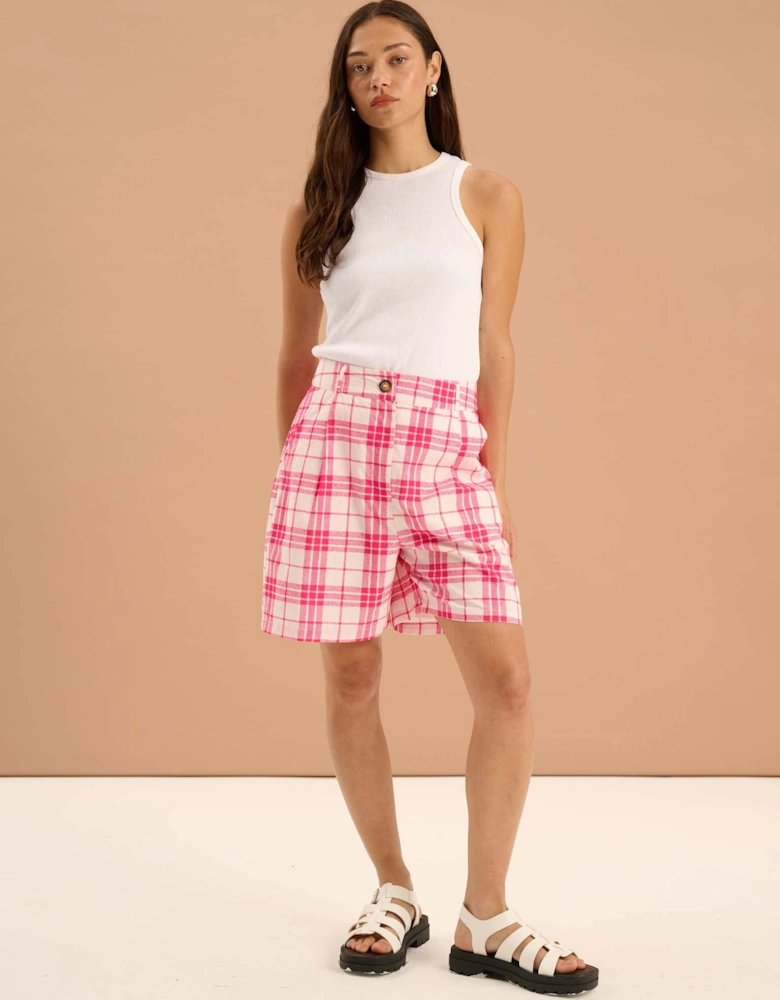 Carlina Pleat Front Check Print Shorts in Pink