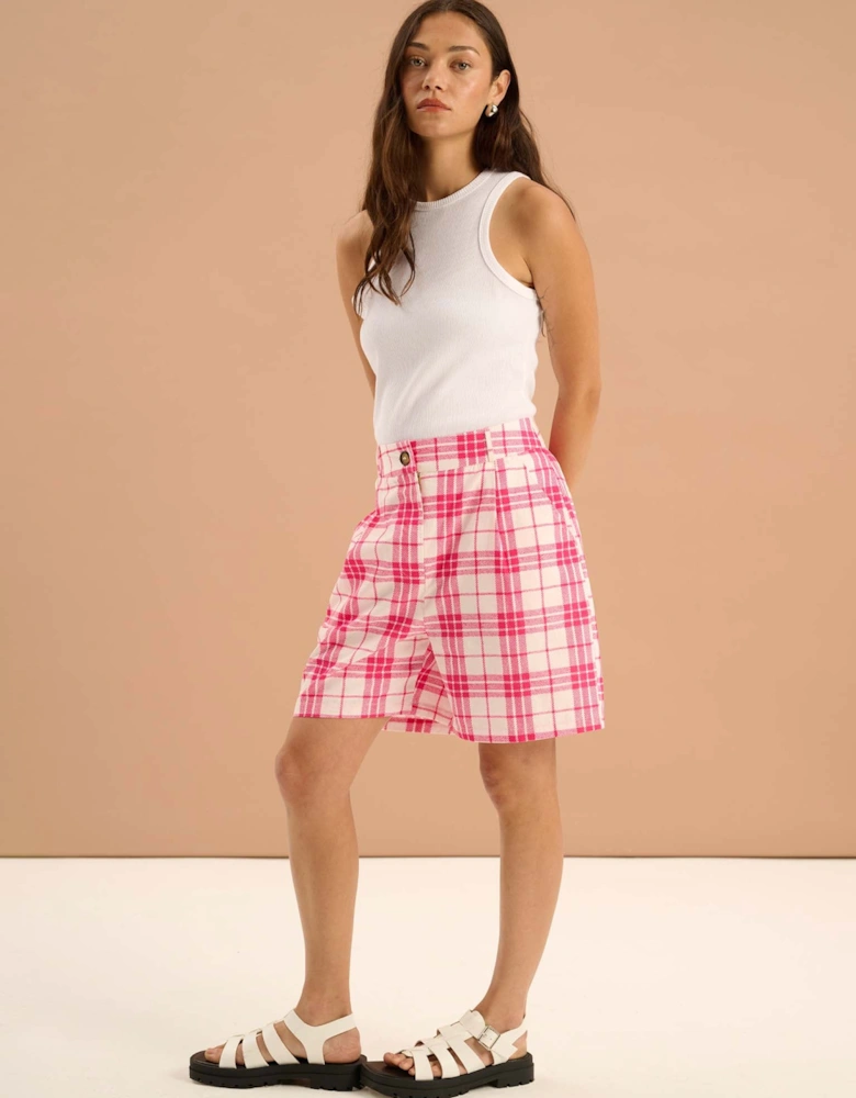 Carlina Pleat Front Check Print Shorts in Pink