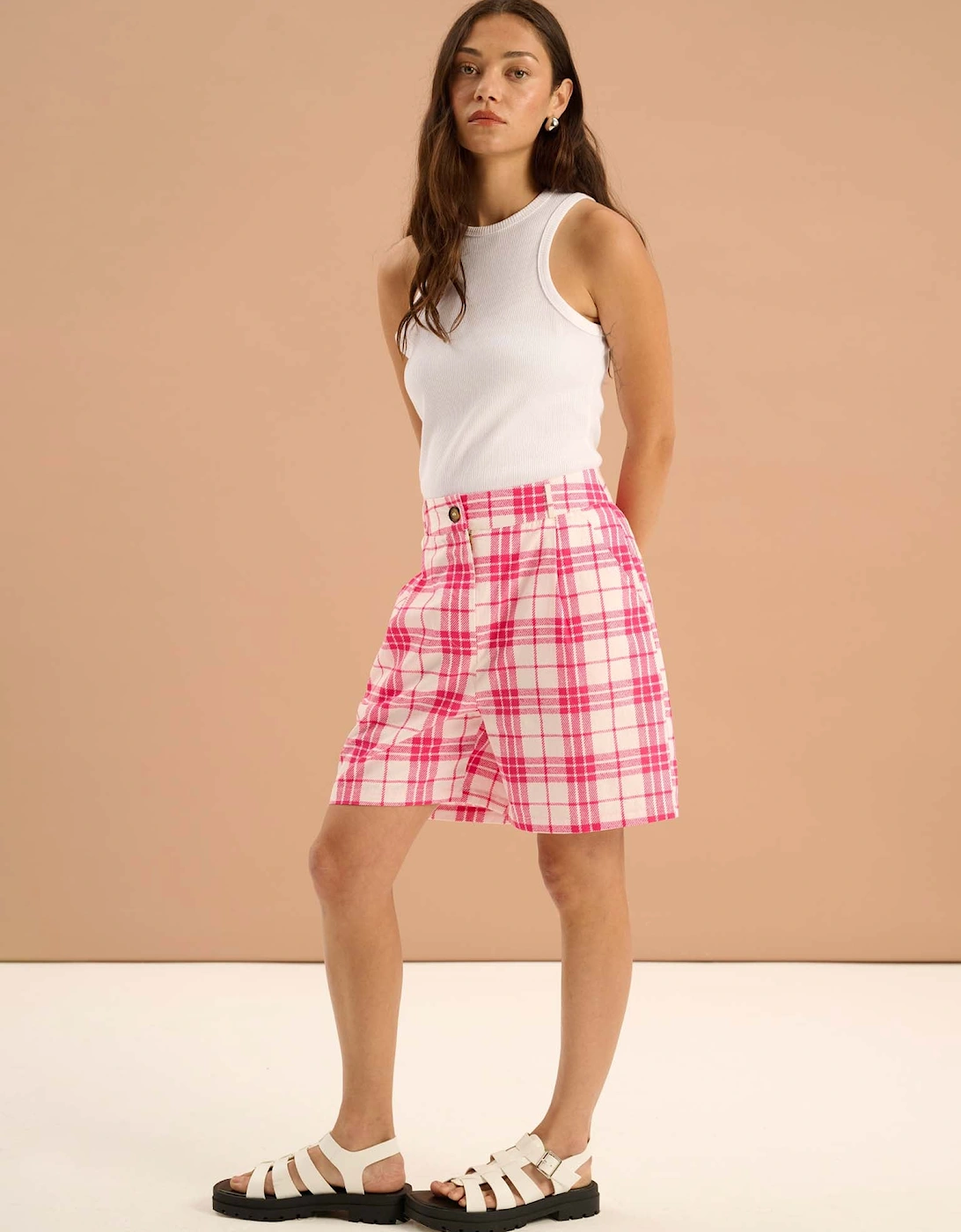 Carlina Pleat Front Check Print Shorts in Pink