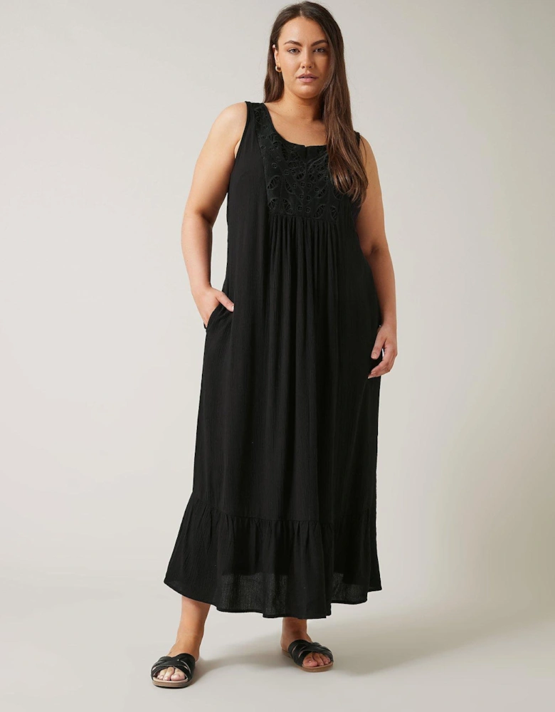 Broidery Panel Maxi Dress - Black