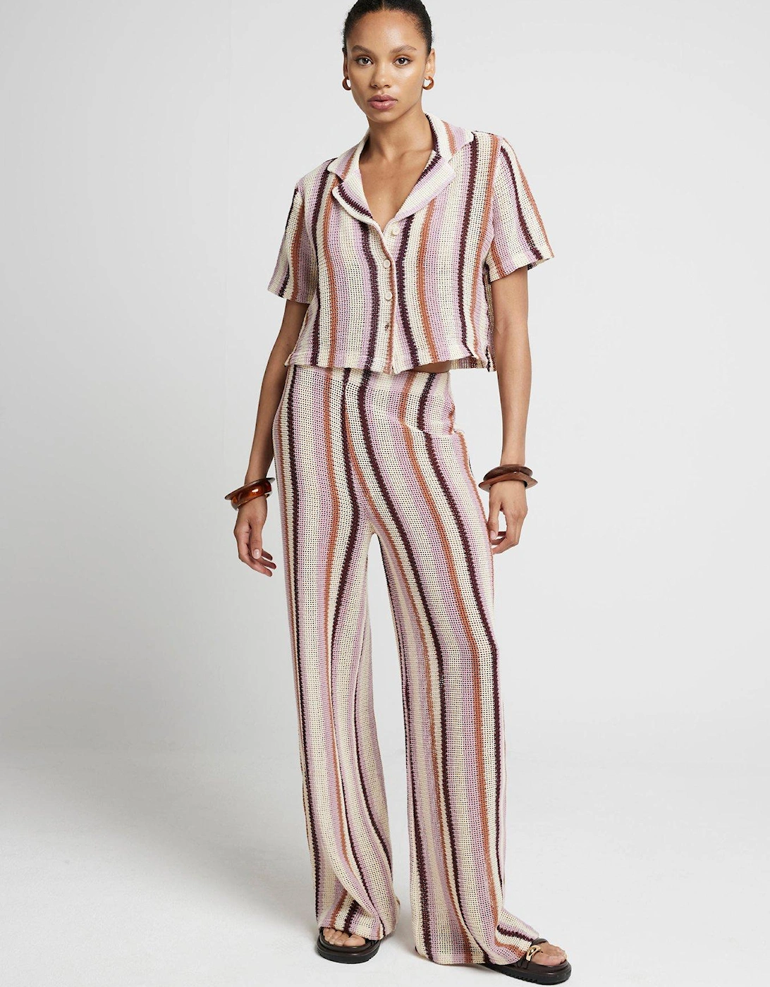 Stripe Crochet Wide Leg Trouser - Medium Pink, 7 of 6