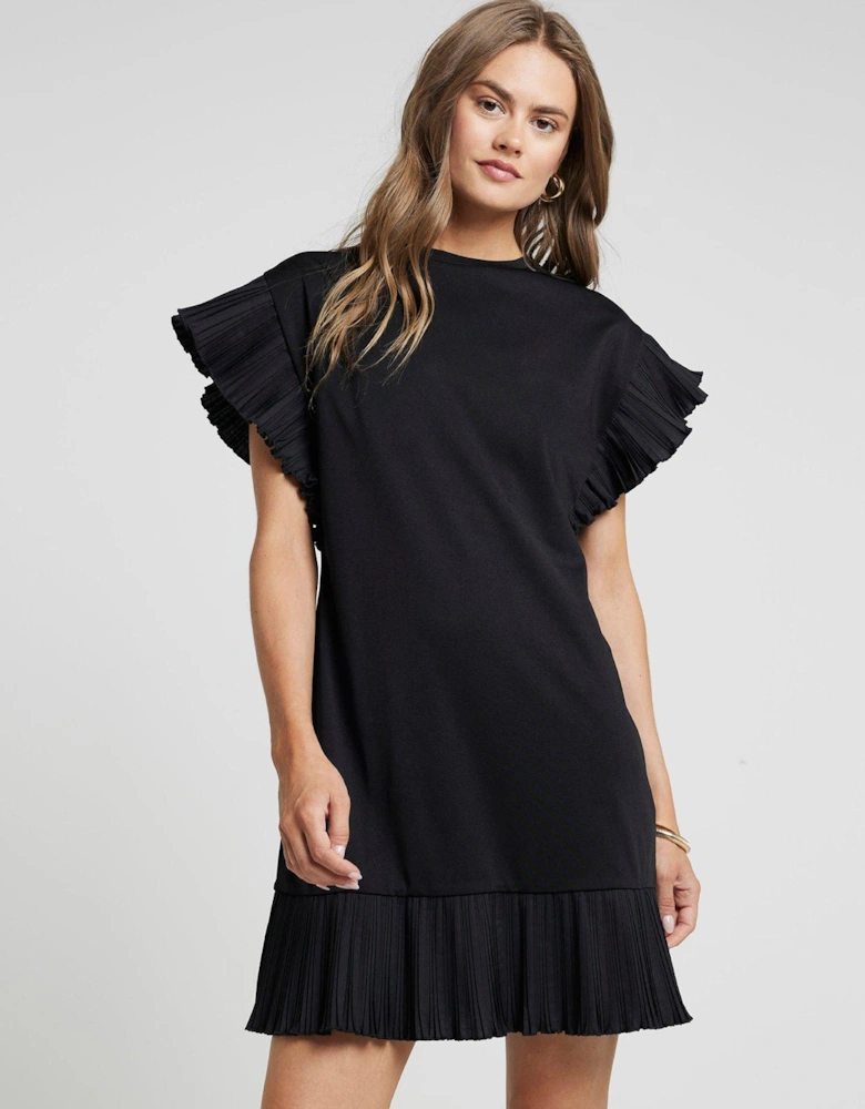 Frilled Sleeve T-Shirt Dress - Black