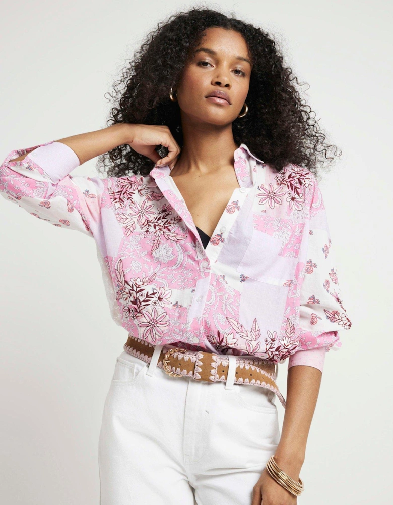 Patchwork Boyfriend Shirt - Medium Pink