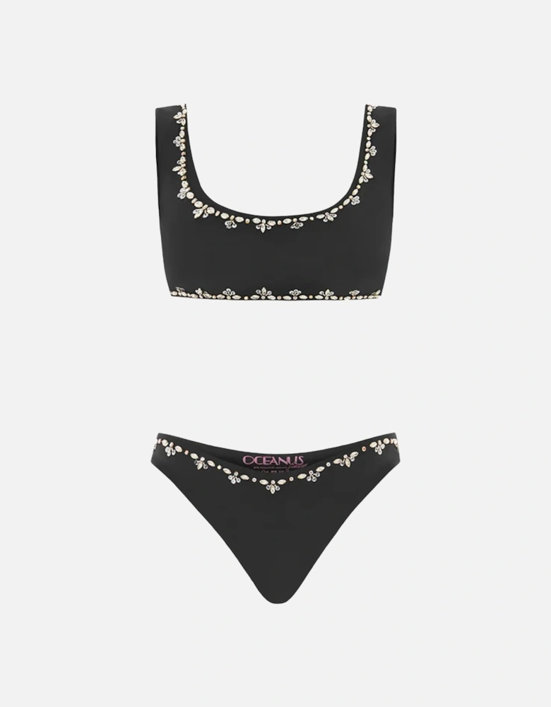 Aaliyah Hand Beaded Crystals Black Bikini Top