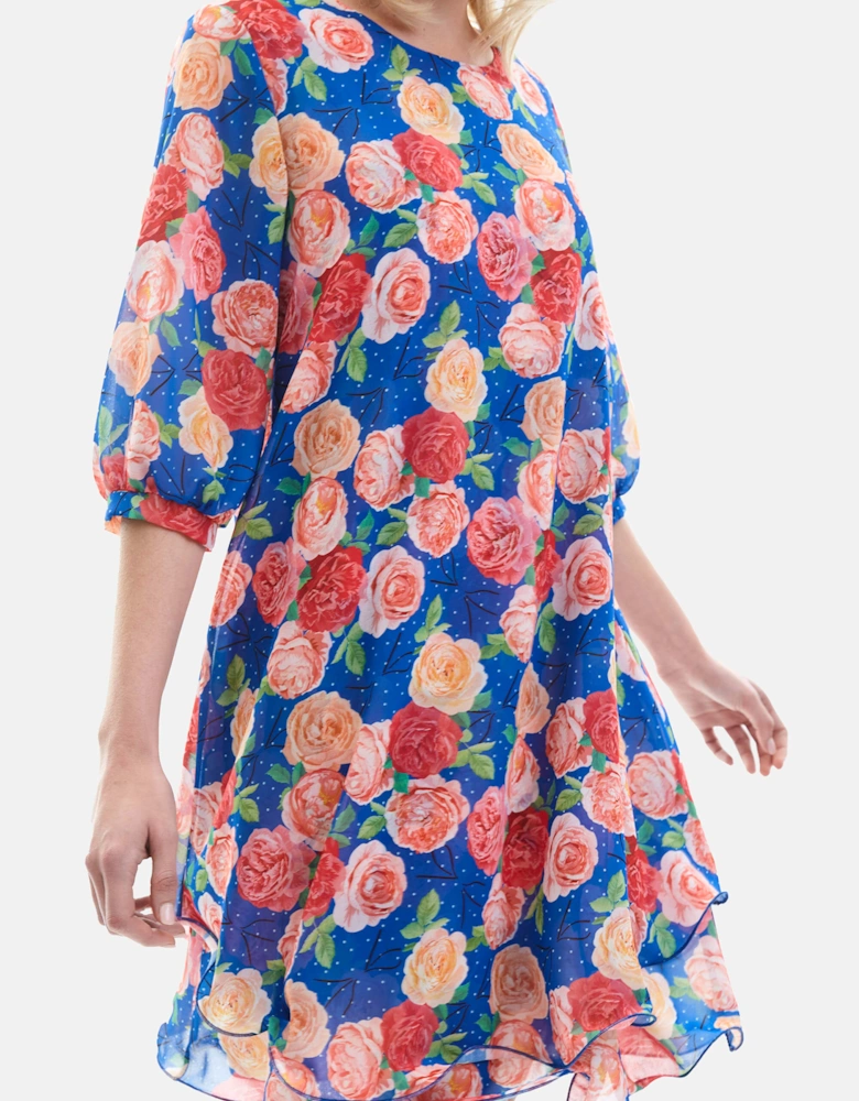 Rose Print Wave Hem Dress Royal