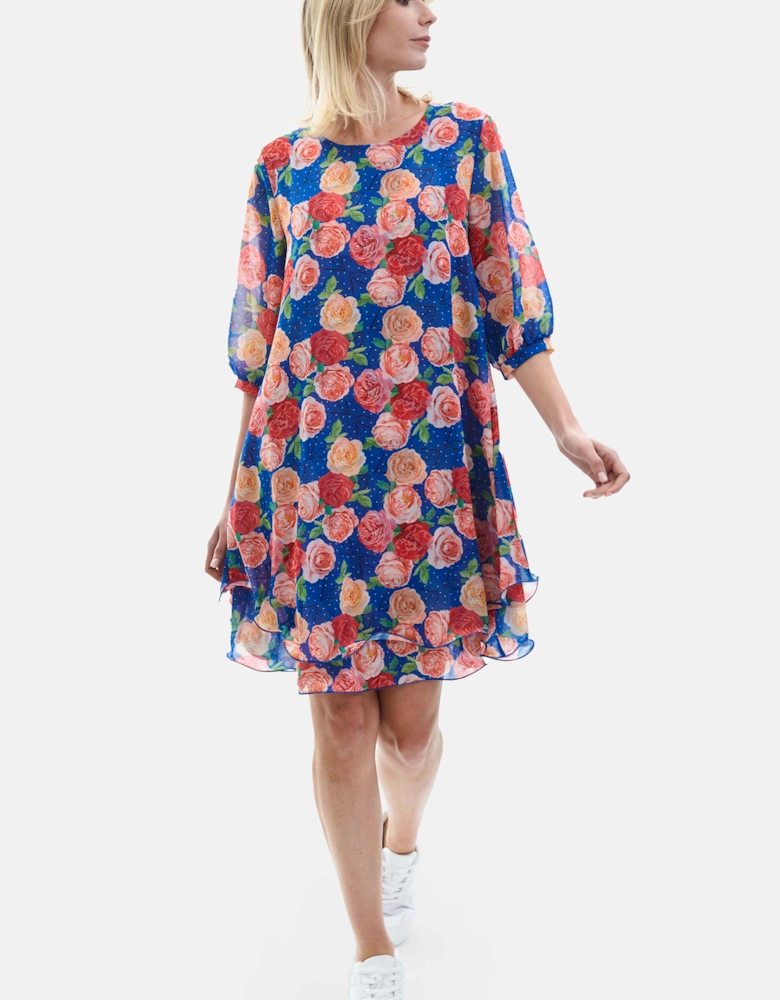 Rose Print Wave Hem Dress Royal